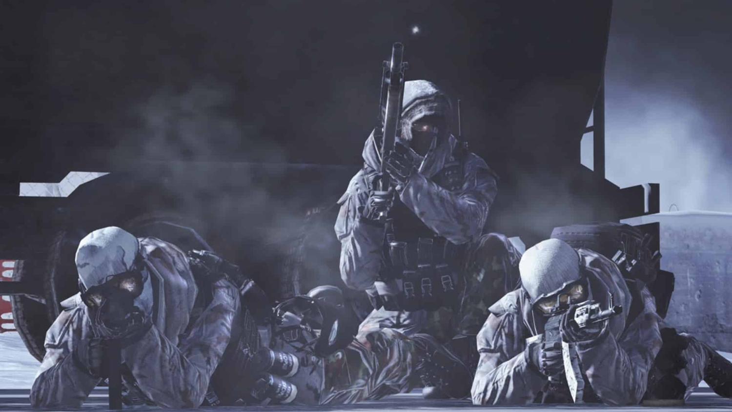 Three soldiers dressed in white winter camouflage with face masks crouching and aiming guns in a snowy night environment