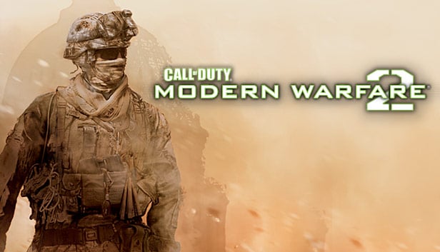 Soldier in desert camouflage standing beside glowing text of Modern Warfare 2 logo