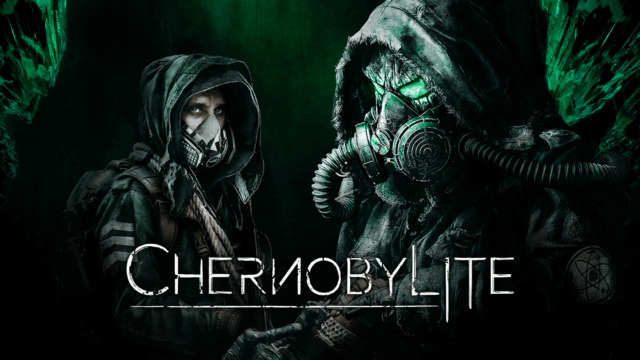 Two figures in hooded dark outfits and gas masks with glowing green background, text 'Chernobylite' below