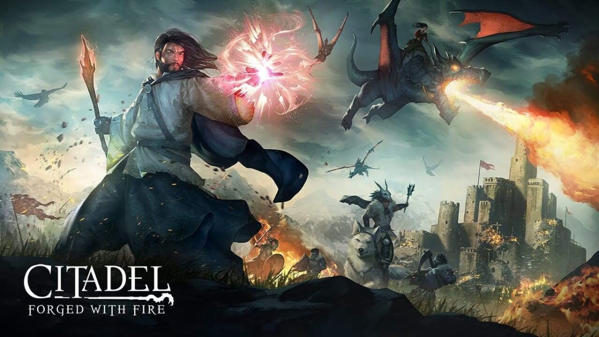 Wizard casting a fire spell at flying dragons breathing fire near a medieval castle under siege