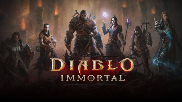 Seven diverse fantasy characters from Diablo Immortal standing together in a dark, ominous setting with the game title below them