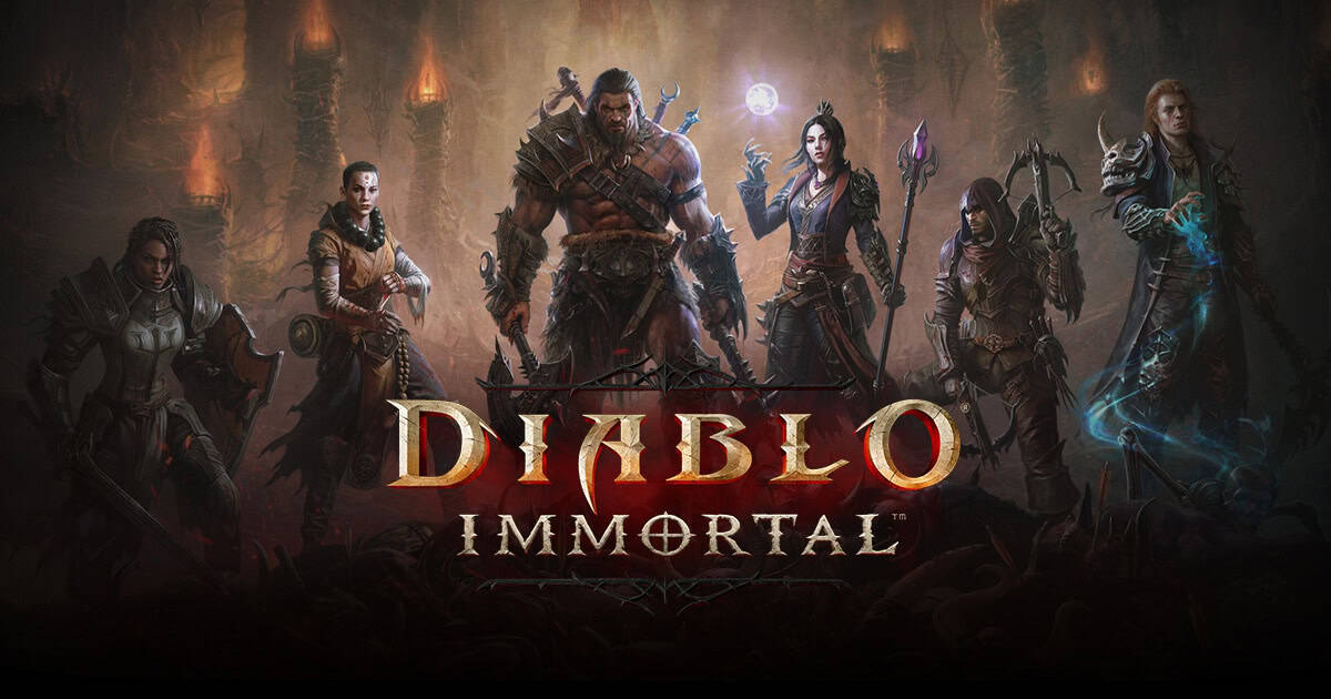 Seven diverse fantasy characters from Diablo Immortal standing together in a dark, ominous setting with the game title below them