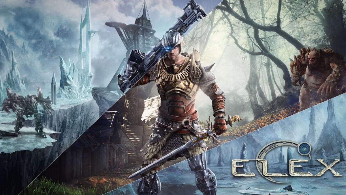 Armored warrior with sword and futuristic gun stands in centre, with robotic machine, forest ogre, and icy landscape around
