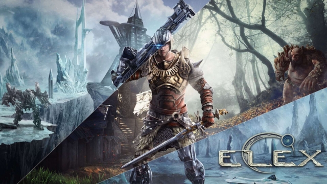 Armored warrior with sword and futuristic gun stands in centre, with robotic machine, forest ogre, and icy landscape around