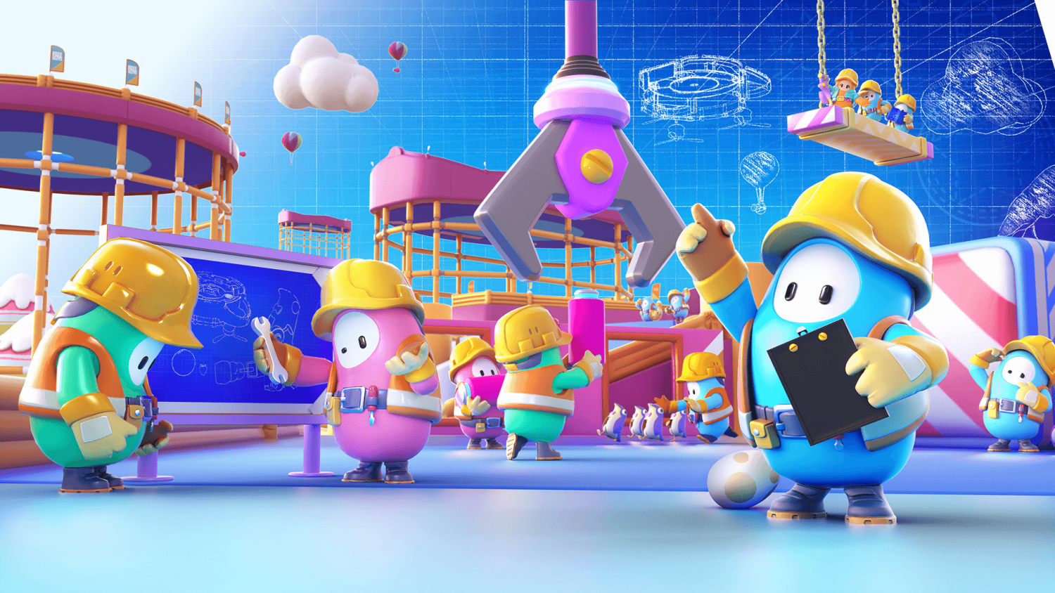 Vivid characters wearing yellow hard hats and orange vests working on blueprints and construction in a vibrant workshop scene
