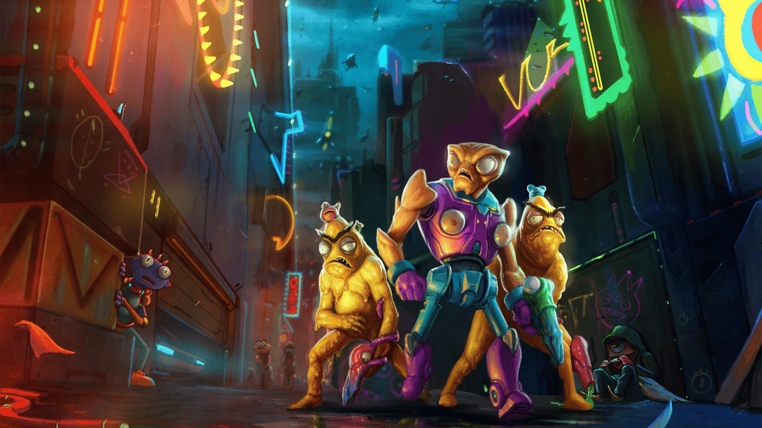 Alien creatures in neon city Three cartoon-style alien creatures armed with futuristic weapons walking through a neon-lit city street at night