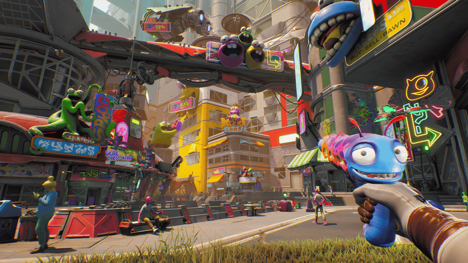Bright, colourful futuristic city street filled with animated advertisements and a gloved hand holding a blue cartoonish character