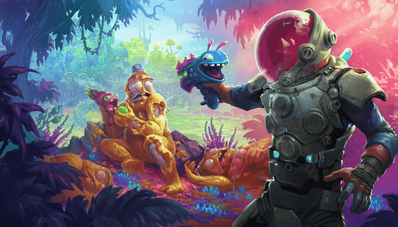 Astronaut in futuristic suit holds colourful animated creature in vibrant alien jungle with strange orange beings