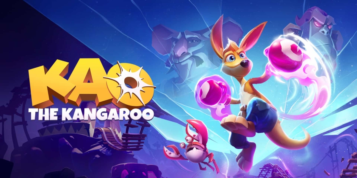 Animated kangaroo wearing boxing gloves glowing with energy jumps forward with crab and stone gorilla faces in background