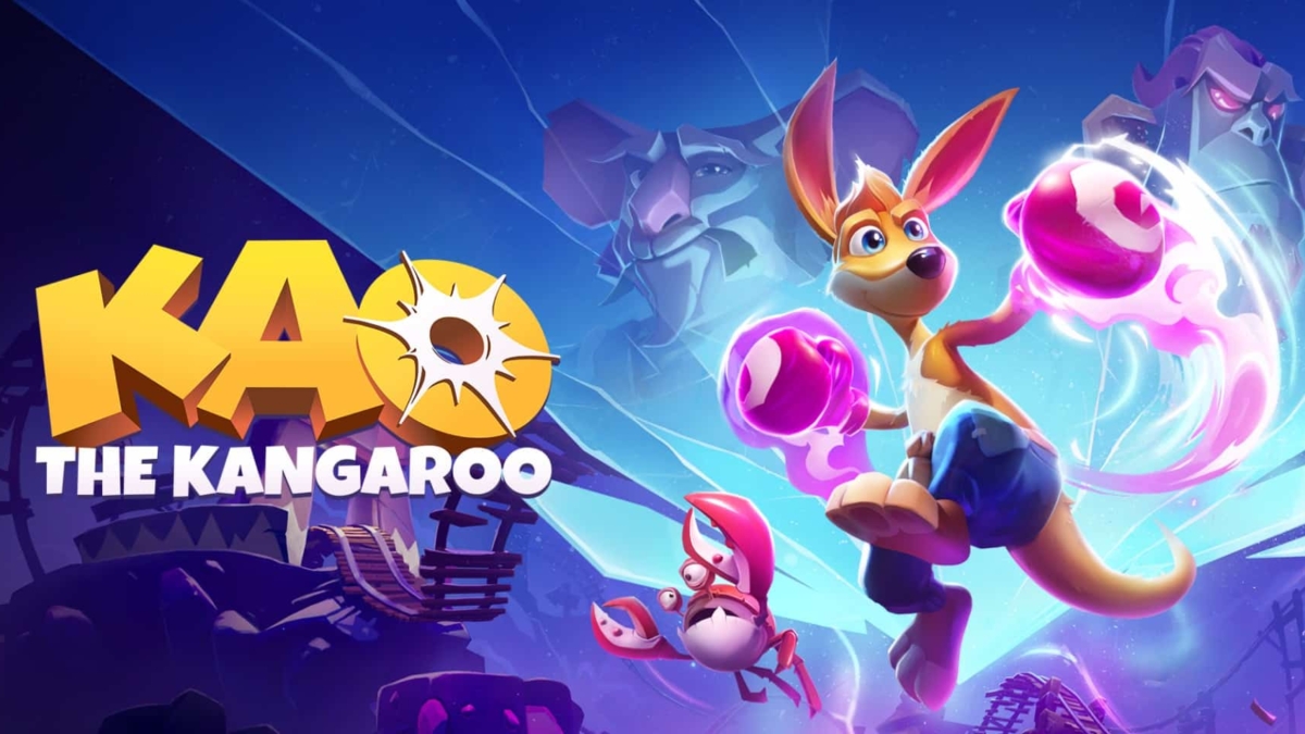 Animated kangaroo wearing boxing gloves glowing with energy jumps forward with crab and stone gorilla faces in background