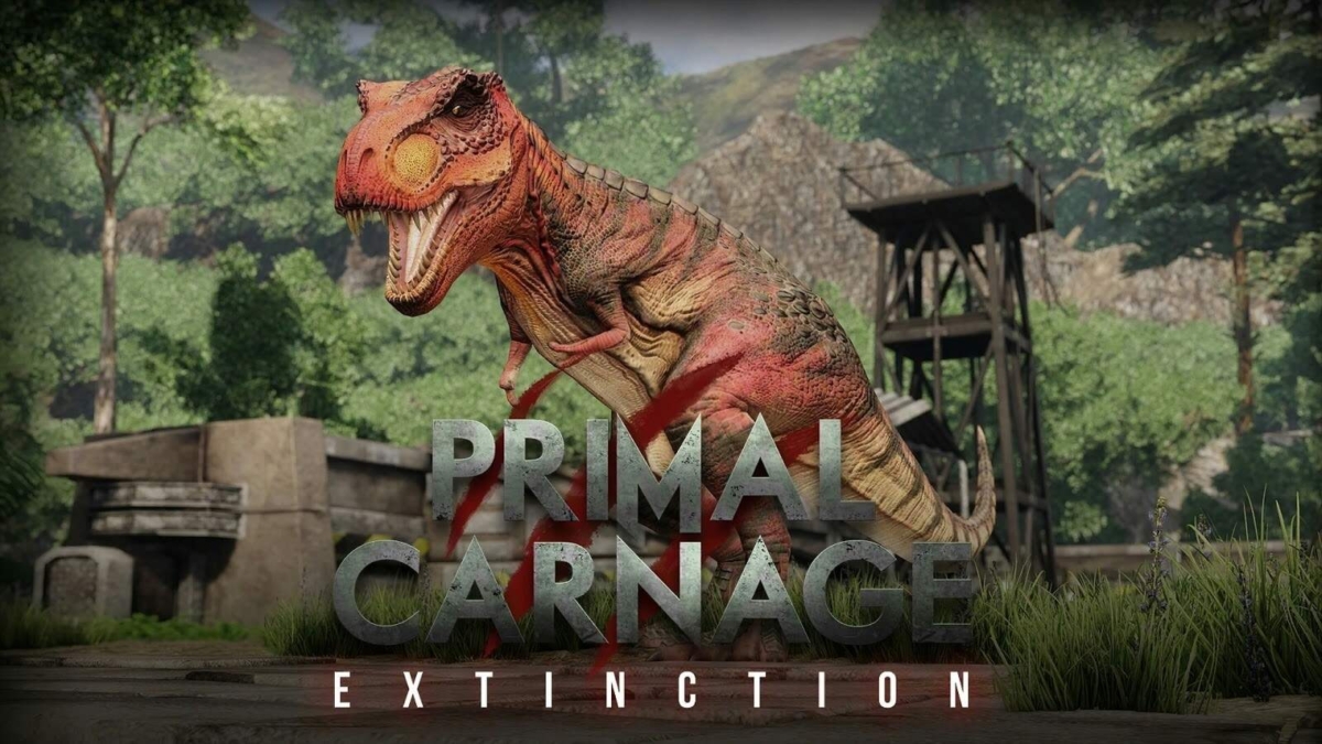 A realistic red and orange dinosaur model standing in a forested area with stone and wooden structures