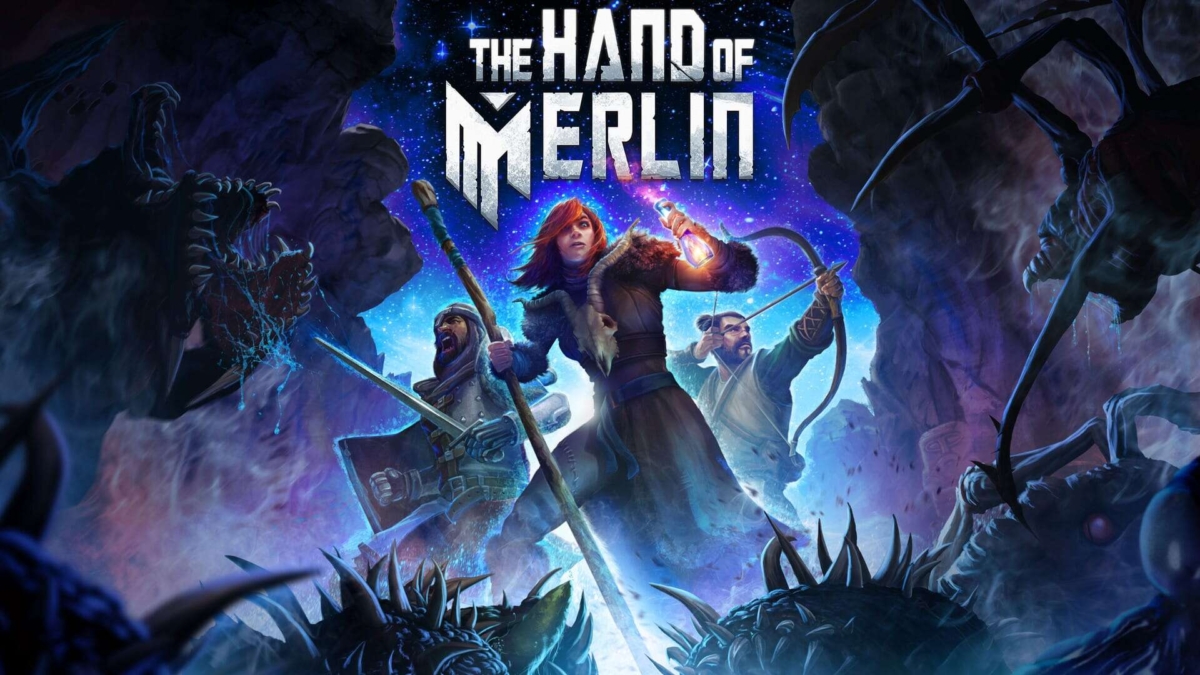 Three fantasy characters stand ready for battle amid rocky terrain and dark, monstrous creatures under a starry night sky