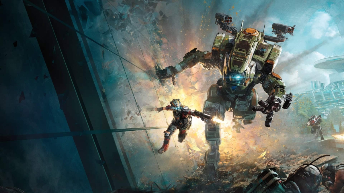 Armoured pilot jumping from a large mech robot amidst explosion and urban combat scene