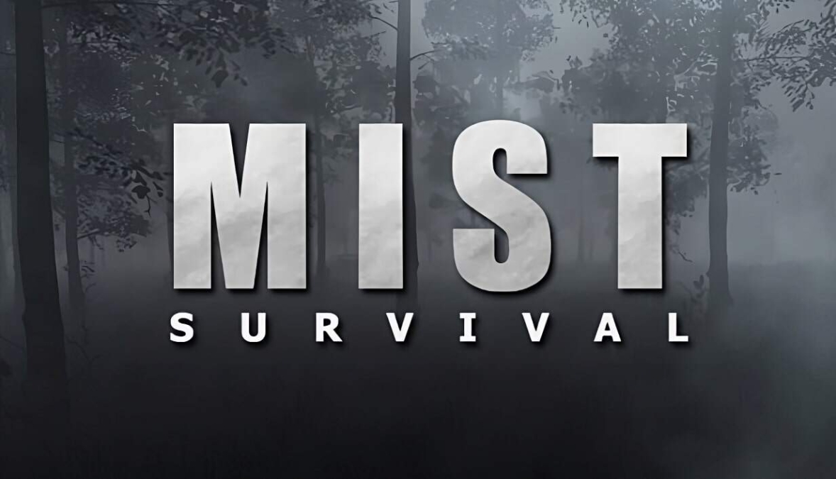 Mist Survival logo with large white letters over a misty forest background