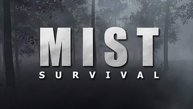 Mist Survival logo with large white letters over a misty forest background