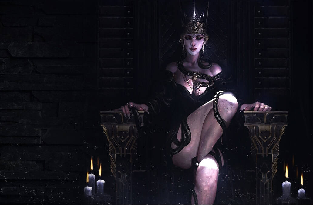 A pale-skinned woman with dark hair sits on a throne entwined with snakes, in a dark room lit by candles.