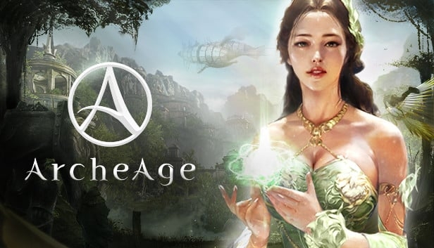 Female character from ArcheAge holding glowing magical energy with game logo and flying ship in background