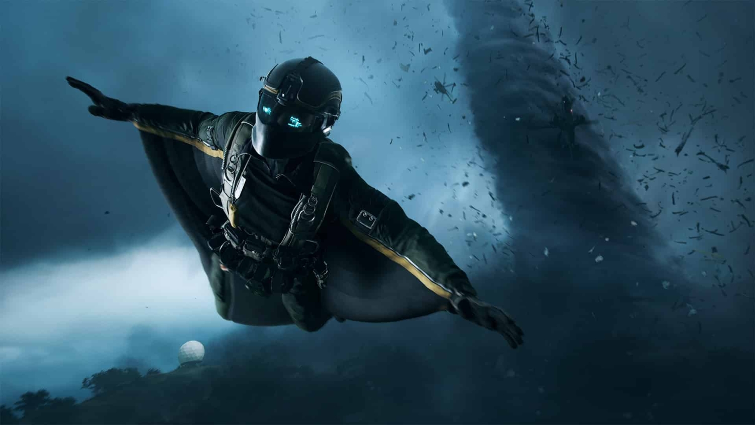 A soldier wearing tactical gear and a wingsuit glides near a large swirling tornado filled with flying debris at night