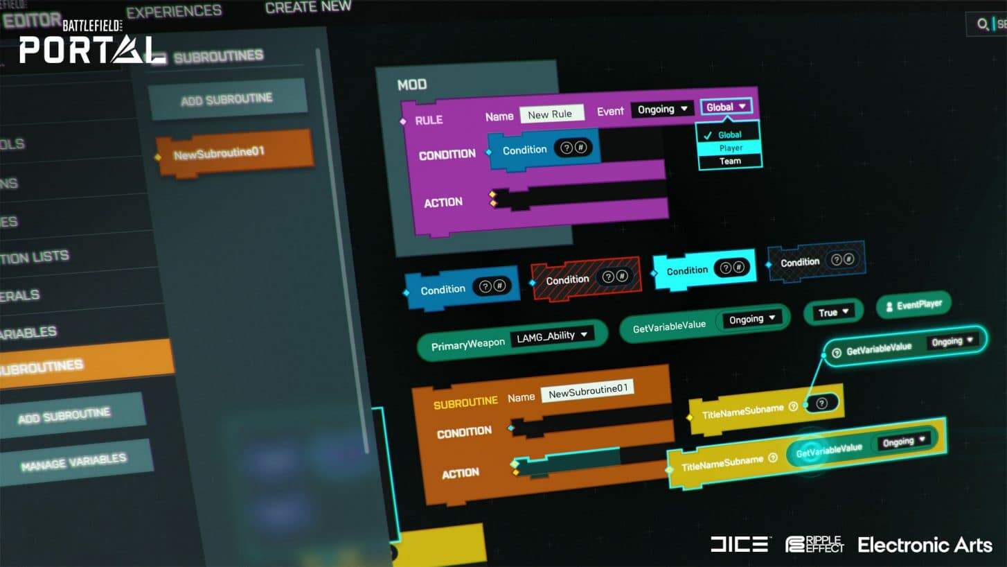 Battlefield Portal editor screen showing colourful blocks creating game rules and conditions