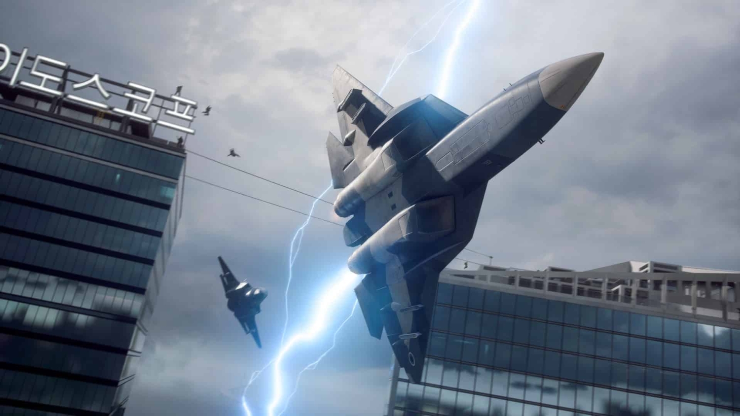Two advanced jets flying through a cityscape with a bright lightning bolt between tall buildings