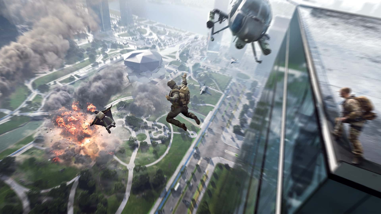Two soldiers parachuting down near a city centre with explosions and smoke, a helicopter flies close by