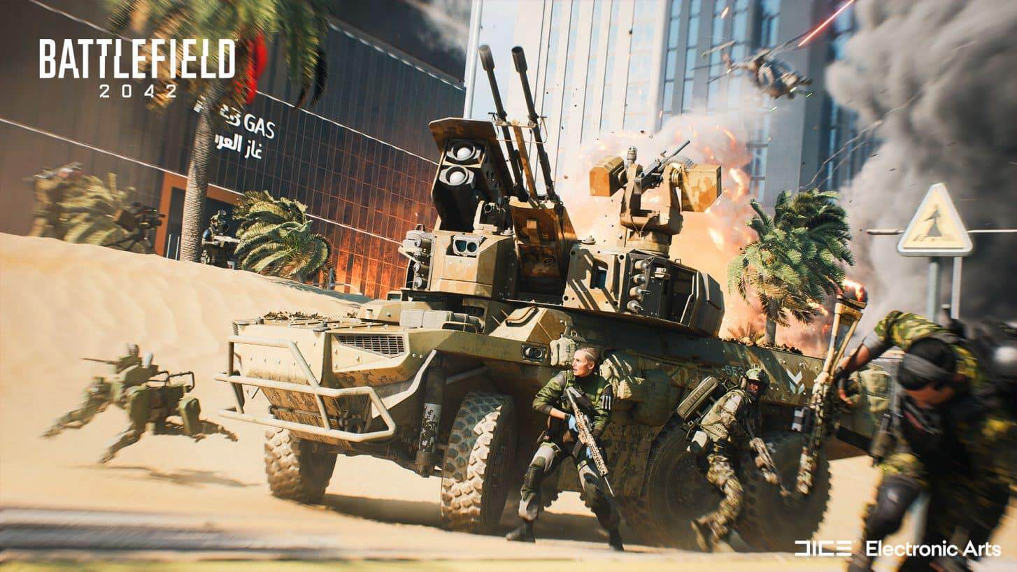 Soldiers take cover behind an armoured anti-air vehicle in a desert city street during battle