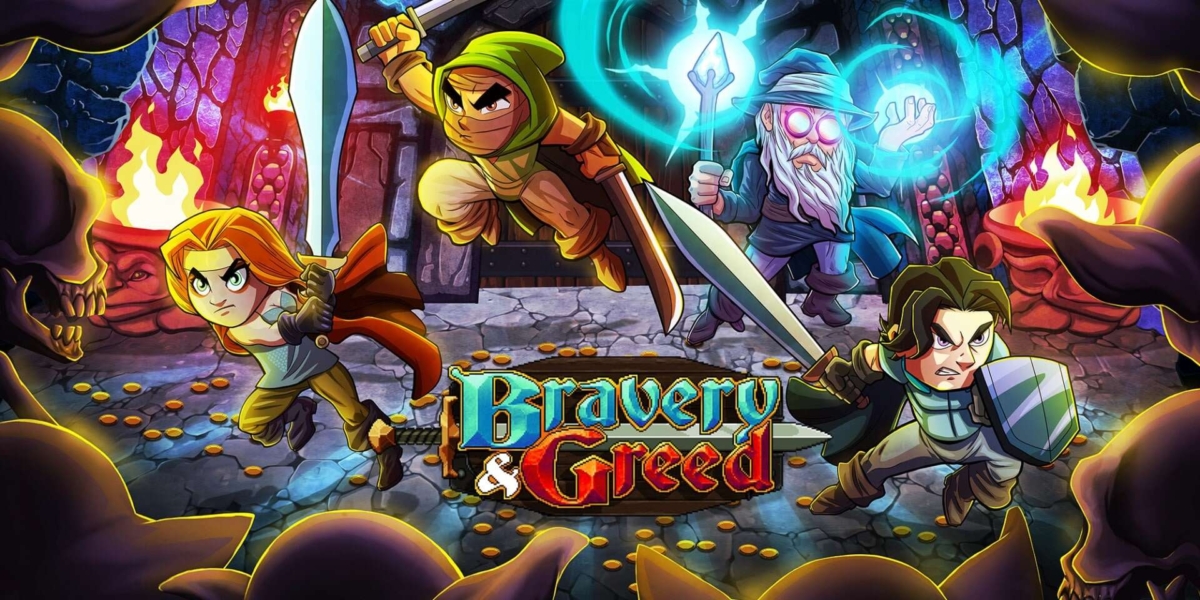 Four animated adventurers ready for battle inside a fiery dungeon with treasure and enemies around