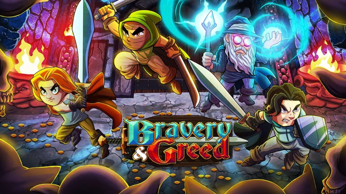 Four animated adventurers ready for battle inside a fiery dungeon with treasure and enemies around
