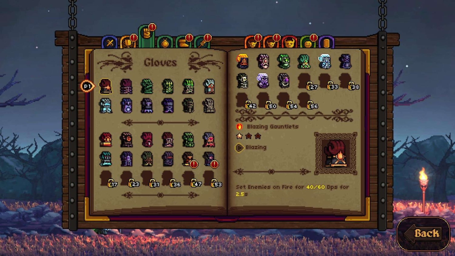 Pixel art game inventory showing various gloves with stats, some locked and highlighted with exclamation marks