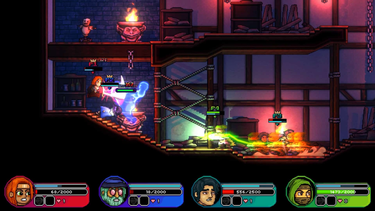 Four pixel art characters battling in a multi-level dungeon with health bars and magic attacks