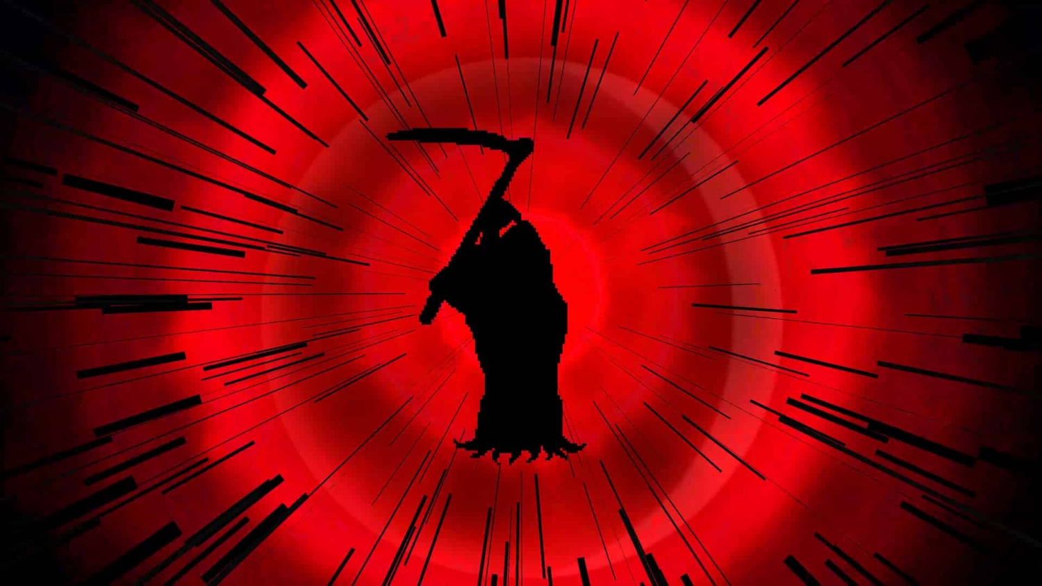 Silhouette of a hooded figure holding a scythe against a red background with black radial lines