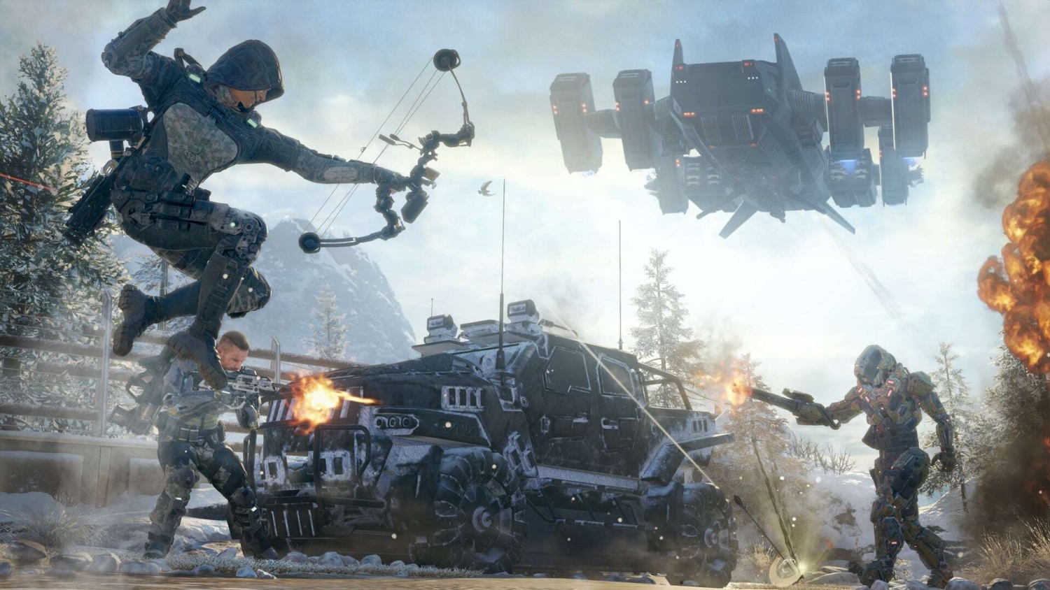 Three soldiers in advanced combat suits firing weapons around an armoured vehicle with a large flying drone above in a snowy mountain setting