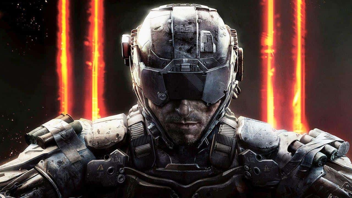 Close-up of a soldier in advanced combat armour and helmet with glowing orange vertical lines behind