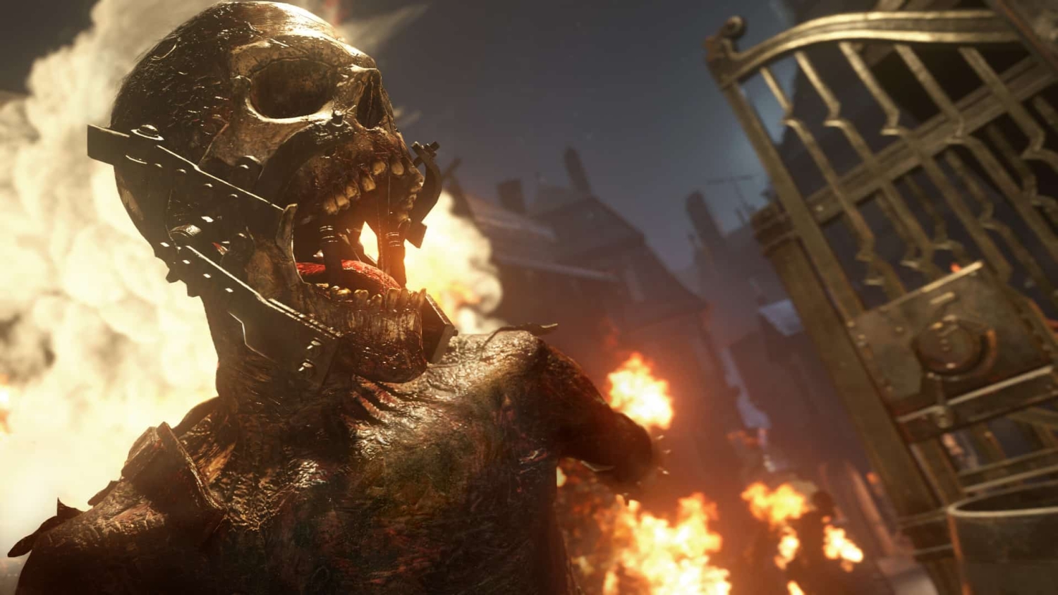 Burnt skeletal zombie with metal jaw restraints shouting amid flames and urban ruins at night