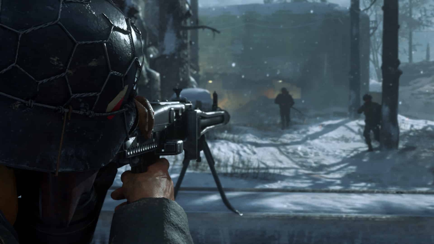 Soldier aiming machine gun in snowy battlefield while two other soldiers advance among trees