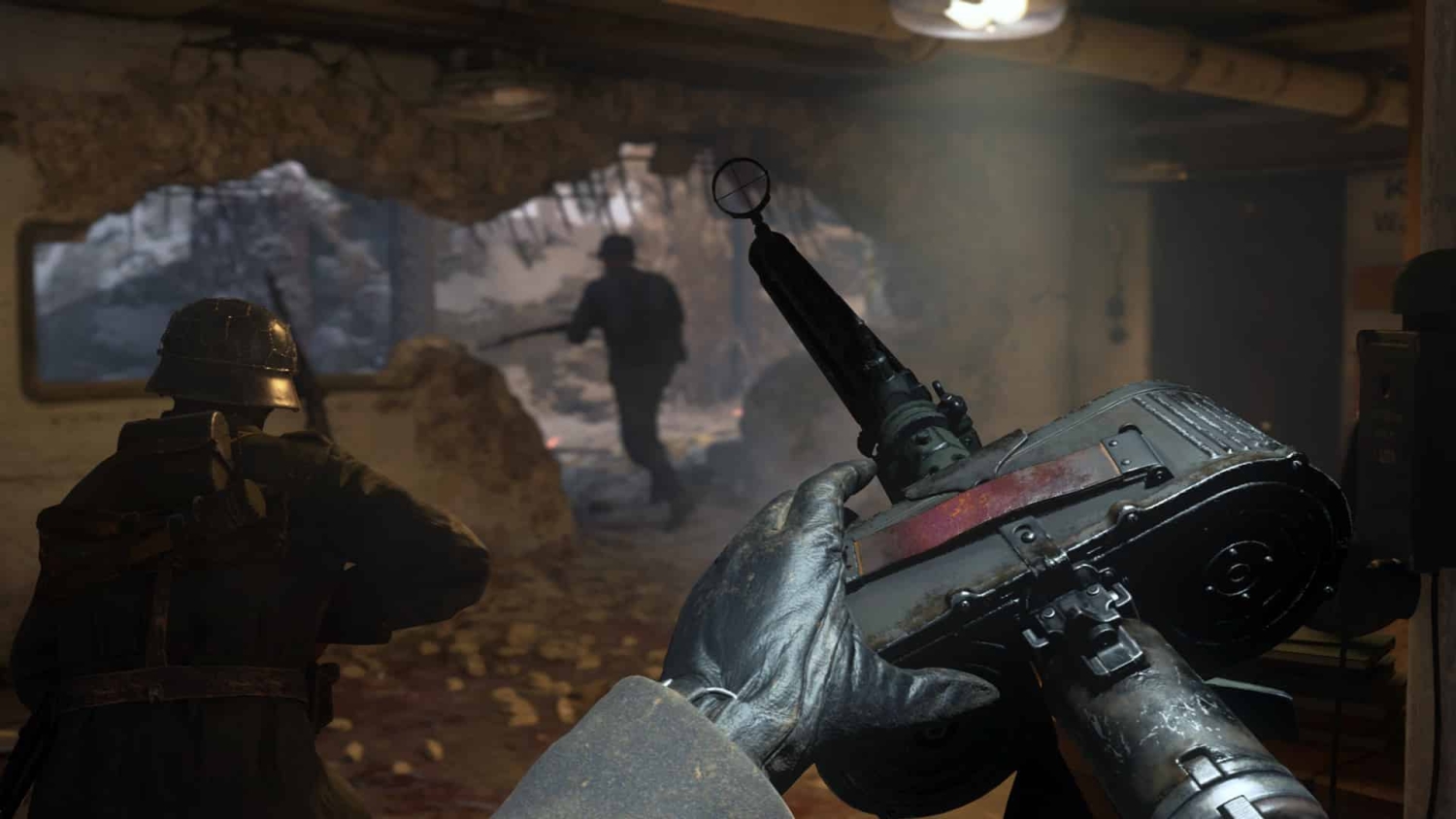 First-person view aiming a submachine gun inside a dimly-lit bunker with two soldiers moving towards an opening