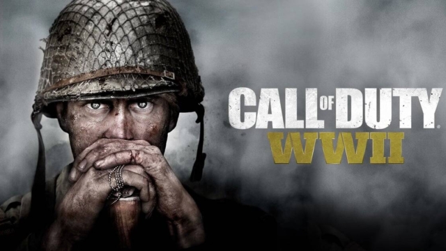 Soldier in worn helmet holding rifle with hands, intense gaze, alongside Call of Duty WWII logo