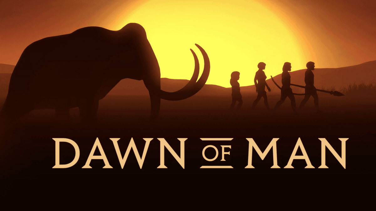 Silhouettes of a mammoth and four early humans walking against a large orange sunset