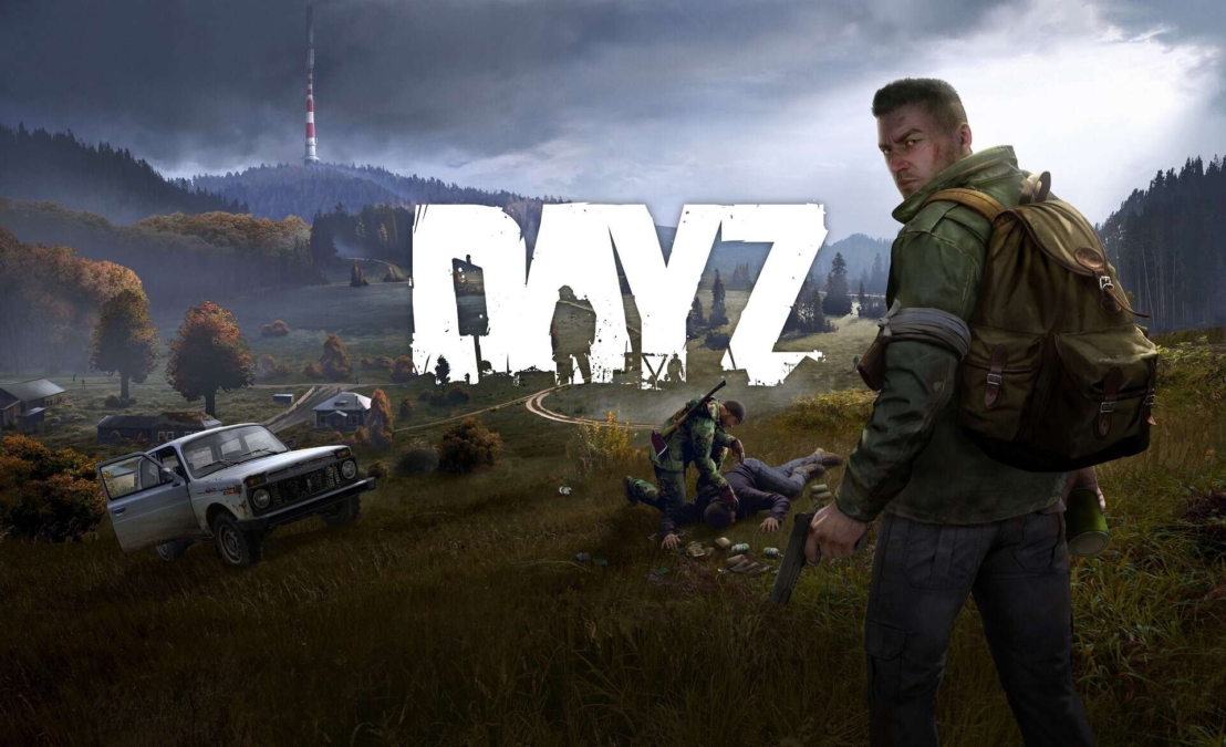Man with backpack and pistol in grassy field looking back near abandoned car and two figures