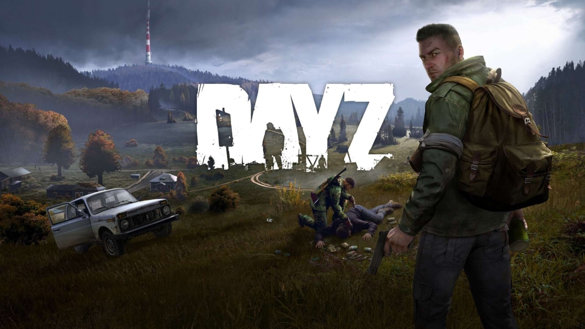 Man with backpack and pistol in grassy field looking back near abandoned car and two figures