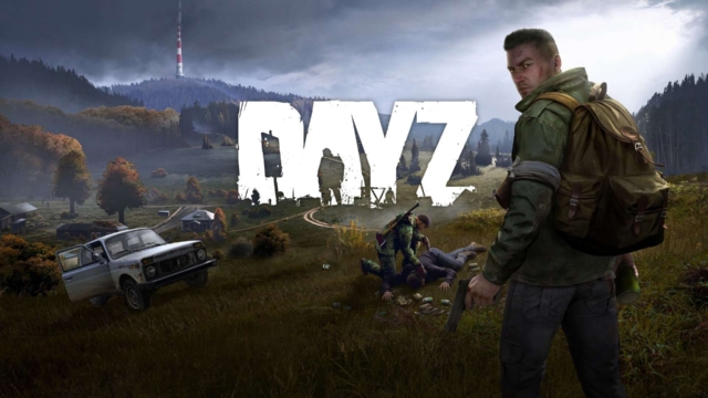 Man with backpack and pistol in grassy field looking back near abandoned car and two figures