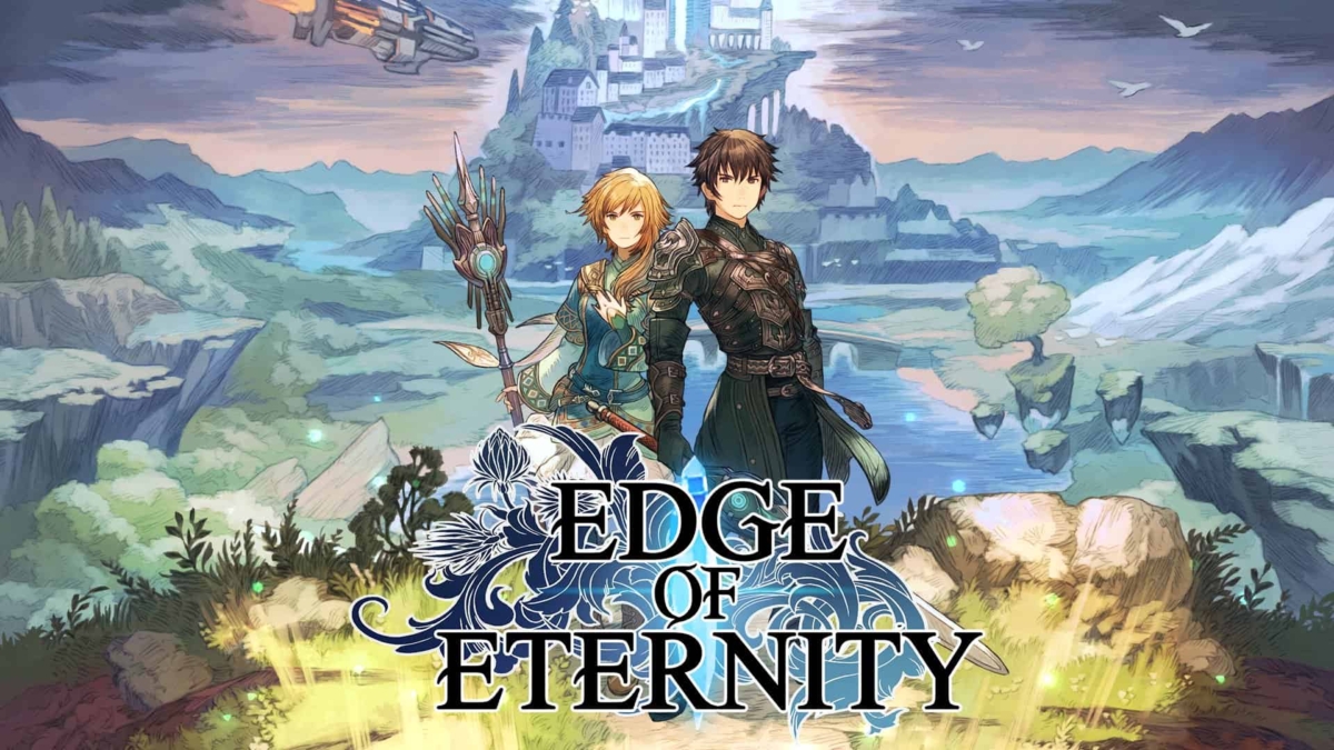 Two anime-style fantasy characters stand back to back in front of a large castle with floating islands and mountains in the background
