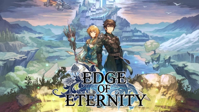 Two anime-style fantasy characters stand back to back in front of a large castle with floating islands and mountains in the background