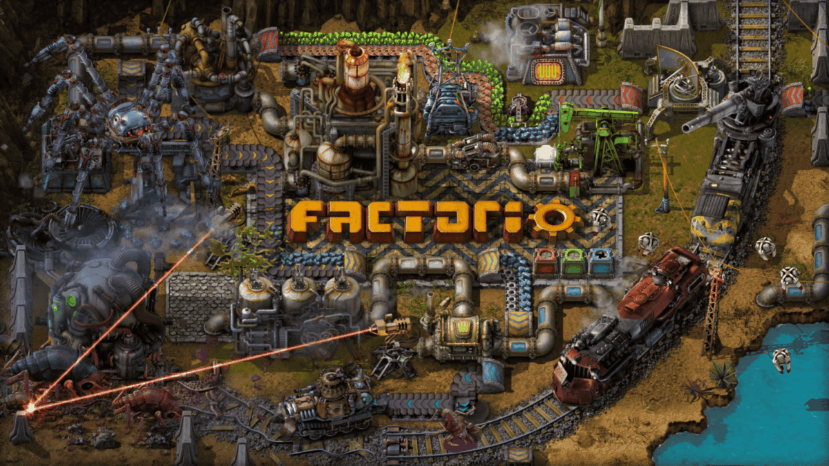 Overhead view of a detailed Factorio factory with conveyor belts, machines, train, turrets, and a large spider robot firing lasers