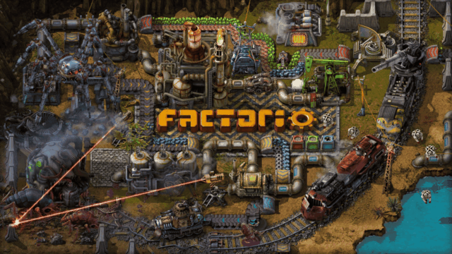 Overhead view of a detailed Factorio factory with conveyor belts, machines, train, turrets, and a large spider robot firing lasers