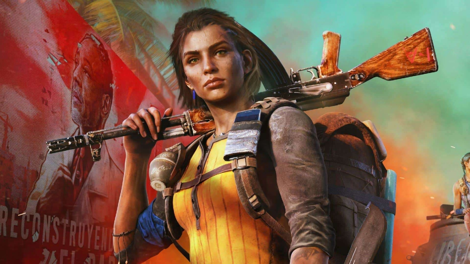 Female soldier in yellow and grey combat outfit holding rifle over shoulder with red propaganda poster behind