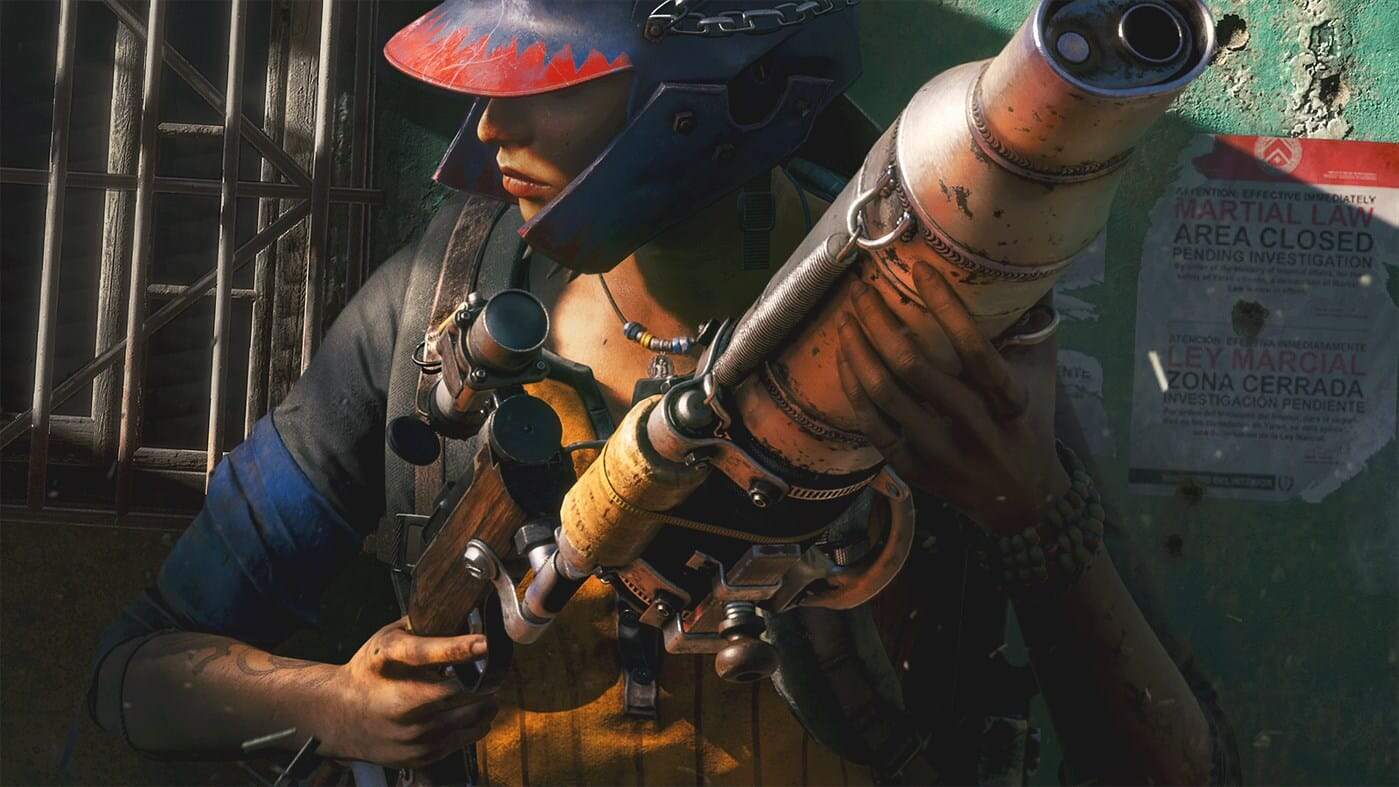 Character in combat gear aiming a rusted makeshift rocket launcher at a metal gate in a confined space