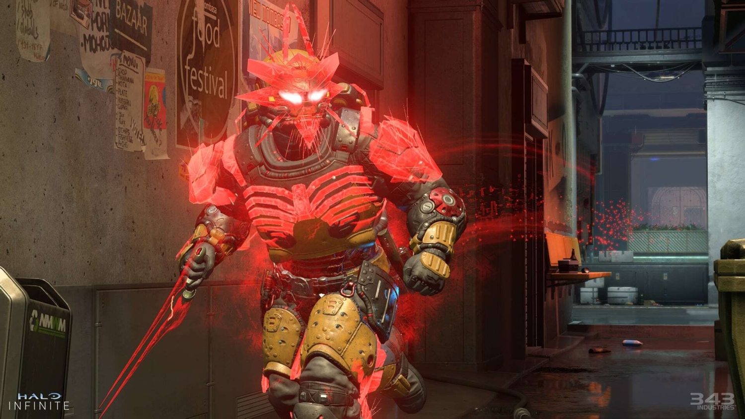 Armoured warrior glowing bright red running swiftly through a narrow futuristic urban alley