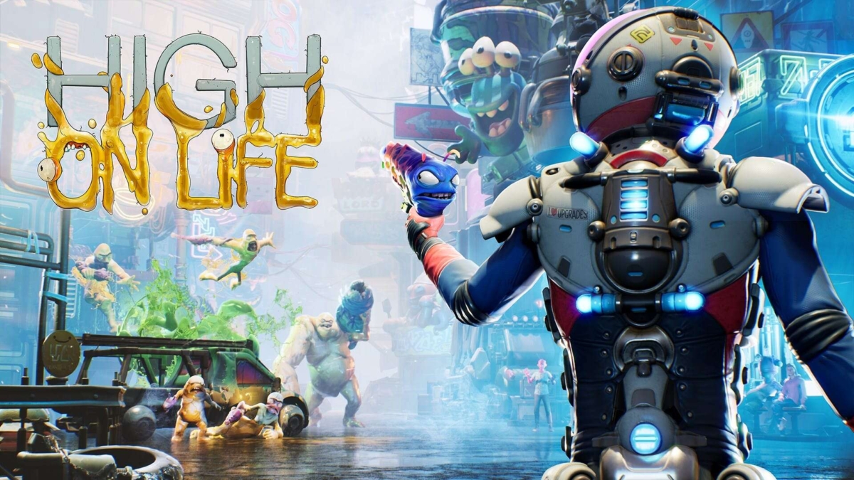 Sci-fi character with robotic suit and glowing blue lights holding a quirky creature gun in a colourful alien city street