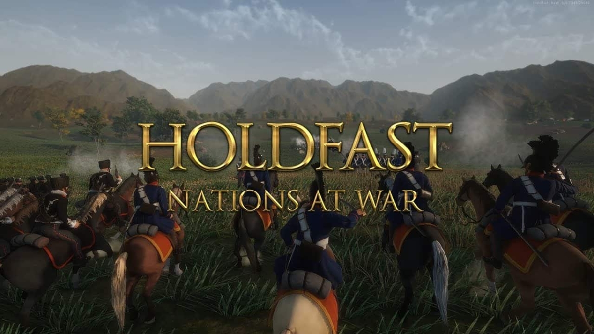 Group of soldiers in eighteenth-century uniforms on horseback advancing through a grassy field with mountains in the background and game title overlay